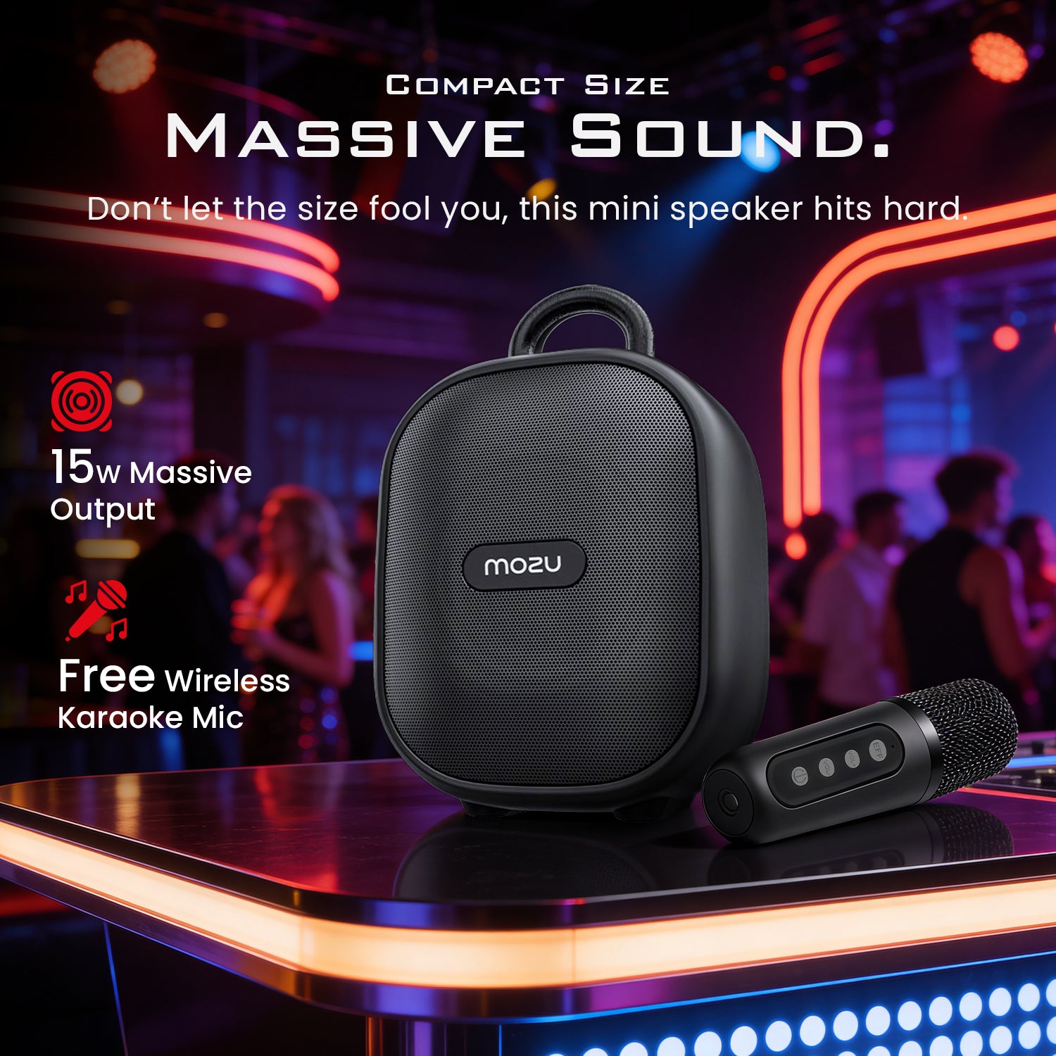 Mozu Bassmore X10 15W Bluetooth Speaker with Karaoke Wireless Voice Changer Mic | 8H Playtime | 8 Dynamic RGB Lighting Modes | Type-C Fast Charging | USB / TF Card / FM Support | Carry Handle Mobile Dock