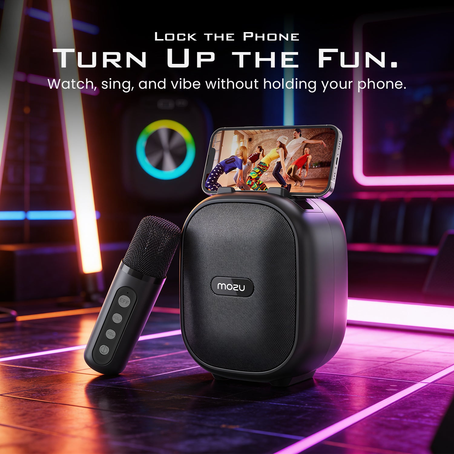 Mozu Bassmore X10 15W Bluetooth Speaker with Karaoke Wireless Voice Changer Mic | 8H Playtime | 8 Dynamic RGB Lighting Modes | Type-C Fast Charging | USB / TF Card / FM Support | Carry Handle Mobile Dock
