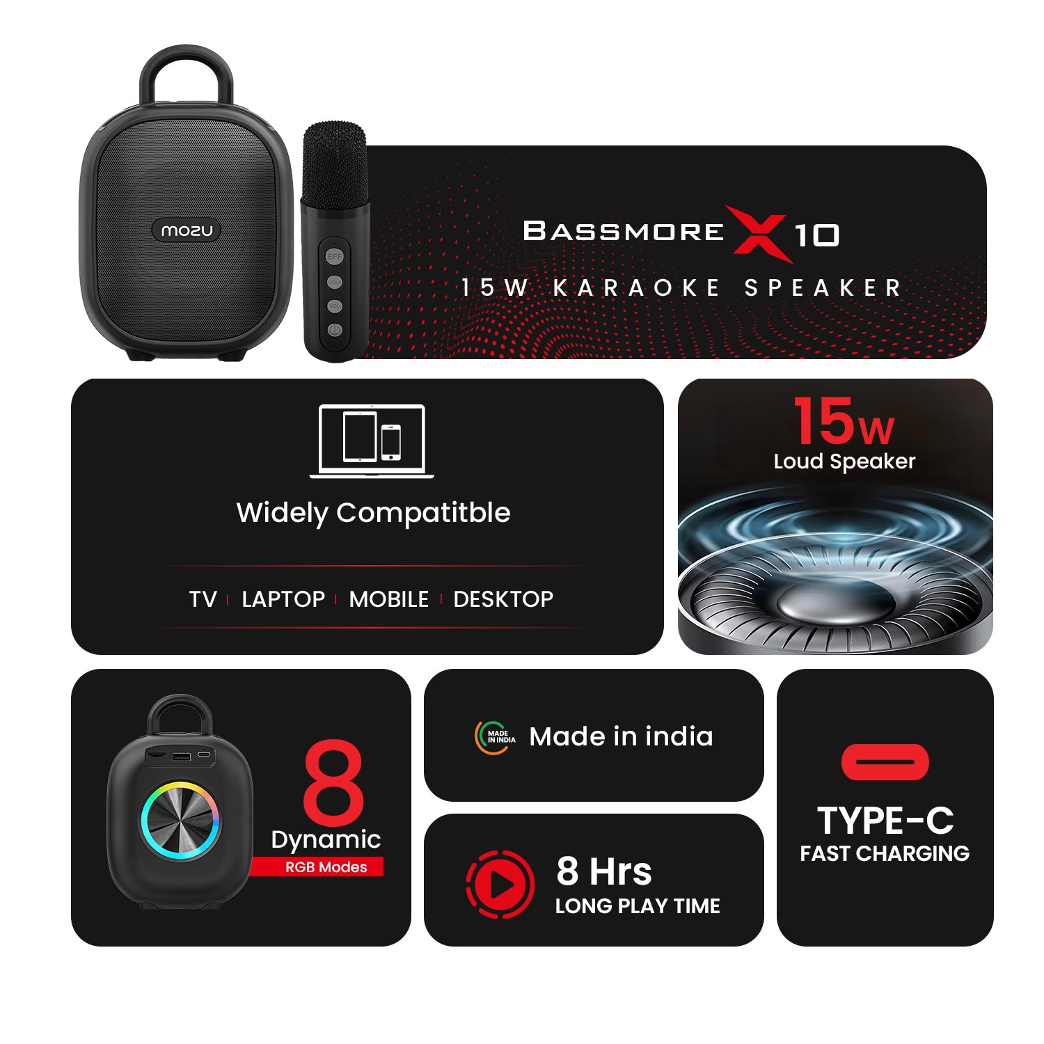 Mozu Bassmore X10 15W Bluetooth Speaker with Karaoke Wireless Voice Changer Mic | 8H Playtime | 8 Dynamic RGB Lighting Modes | Type-C Fast Charging | USB / TF Card / FM Support | Carry Handle Mobile Dock
