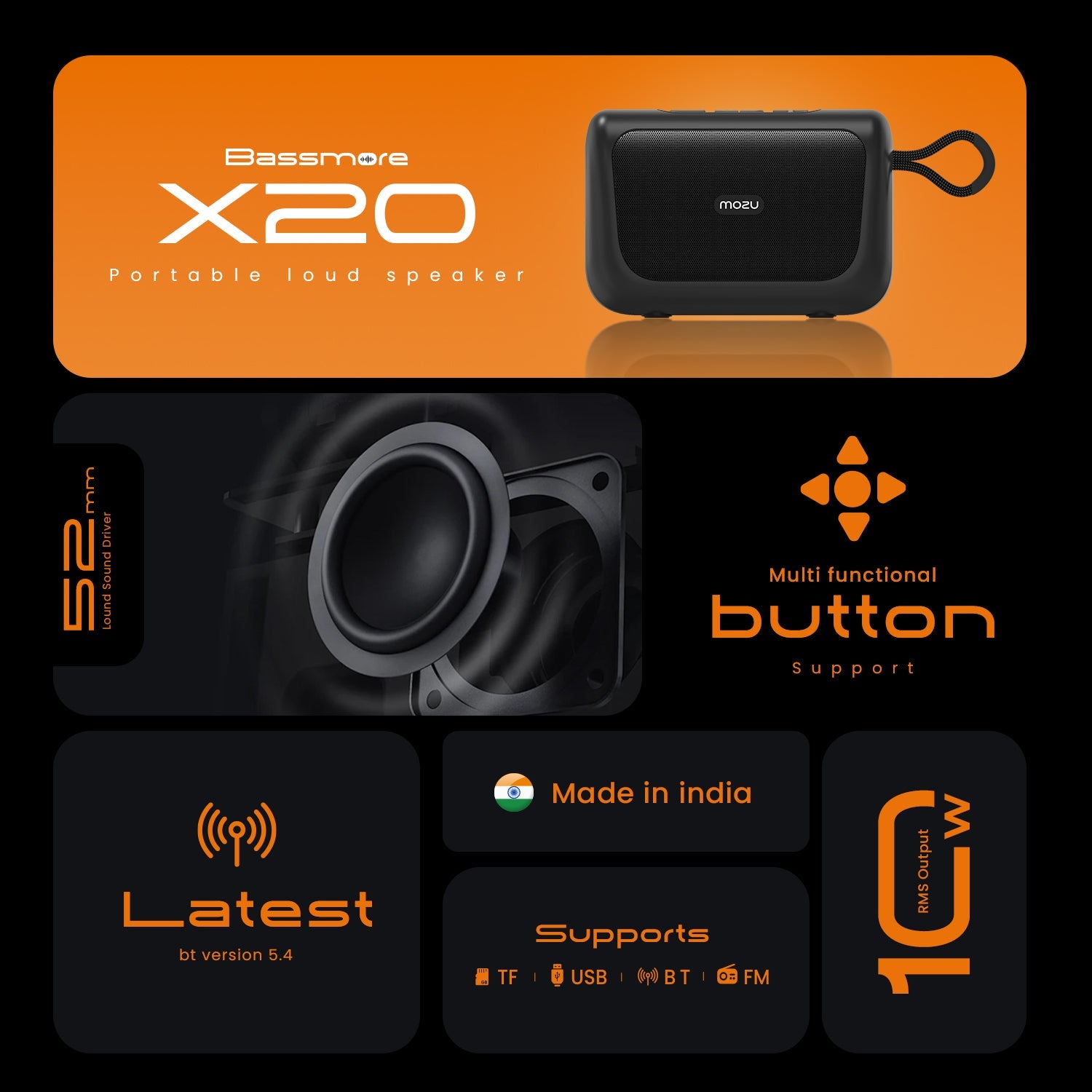 MOZU Bassmore X20 10W RMS Output Bluetooth Speaker with TWS Function,Upto 6 Hour Playtime,Carry Handle Design,Compact Size,Inbulit Mic (Orange Black) - Mozu