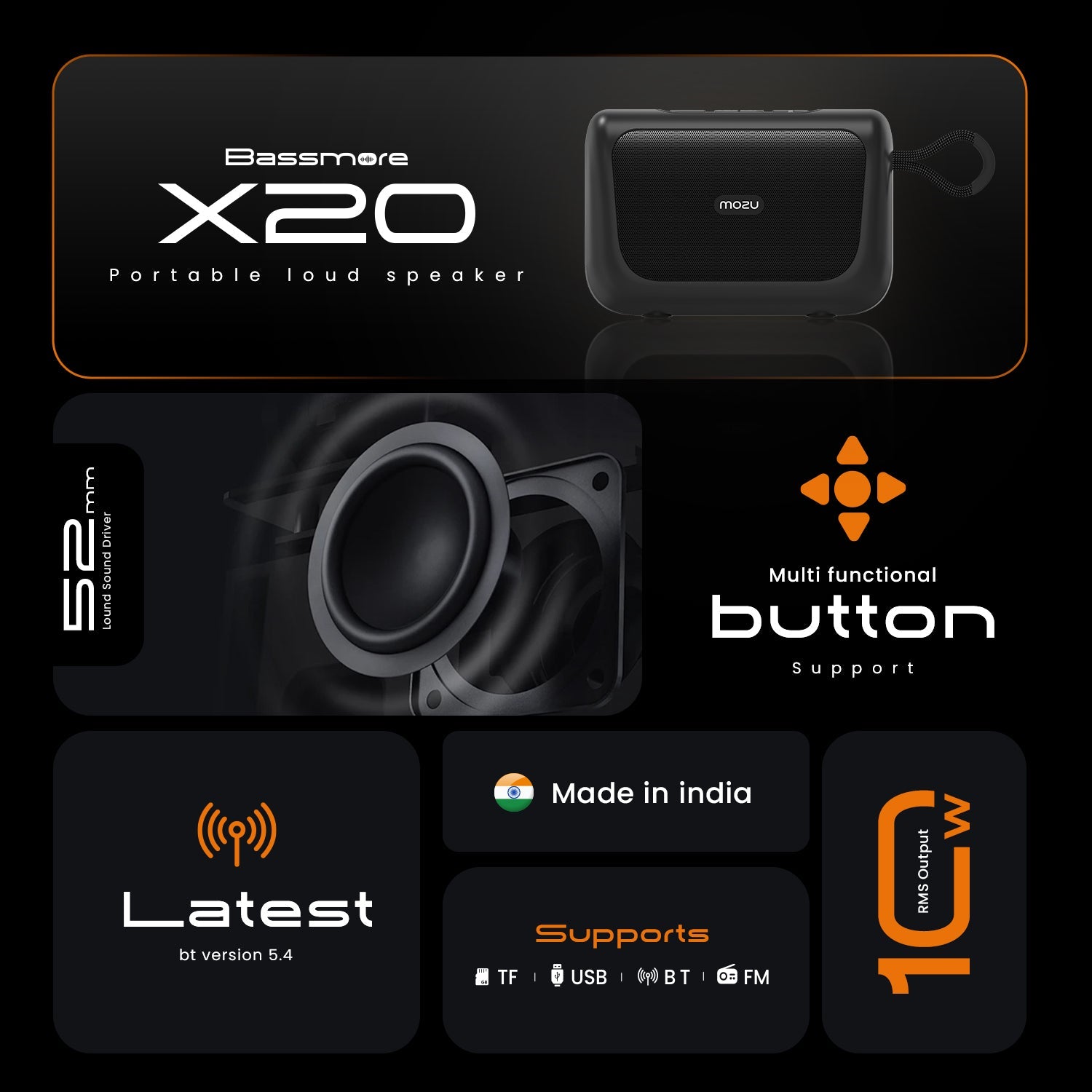 MOZU Bassmore X20 10W RMS Output Bluetooth Speaker with TWS Function,Upto 6 Hour Playtime,Carry Handle Design,Compact Size,Inbulit Mic (Orange Black) - Mozu