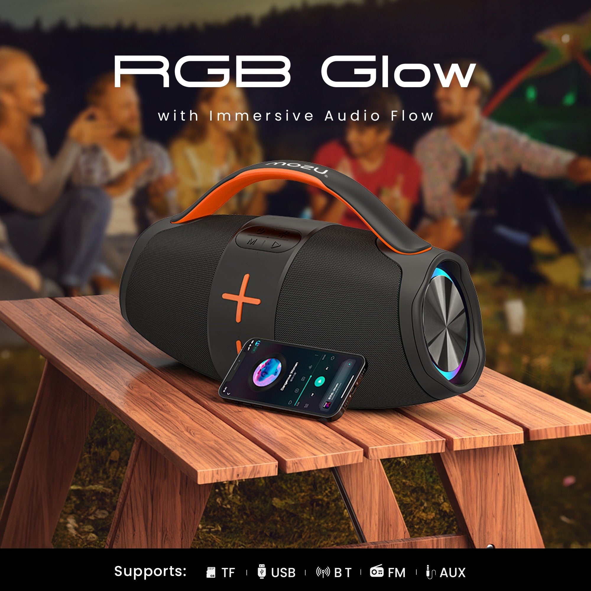 Mozu Bassmore X21 Portable Speaker With RGB LED|Aux FM TF USB|6 Hrs Playtime, 40 W Bluetooth Party Speaker - Mozu