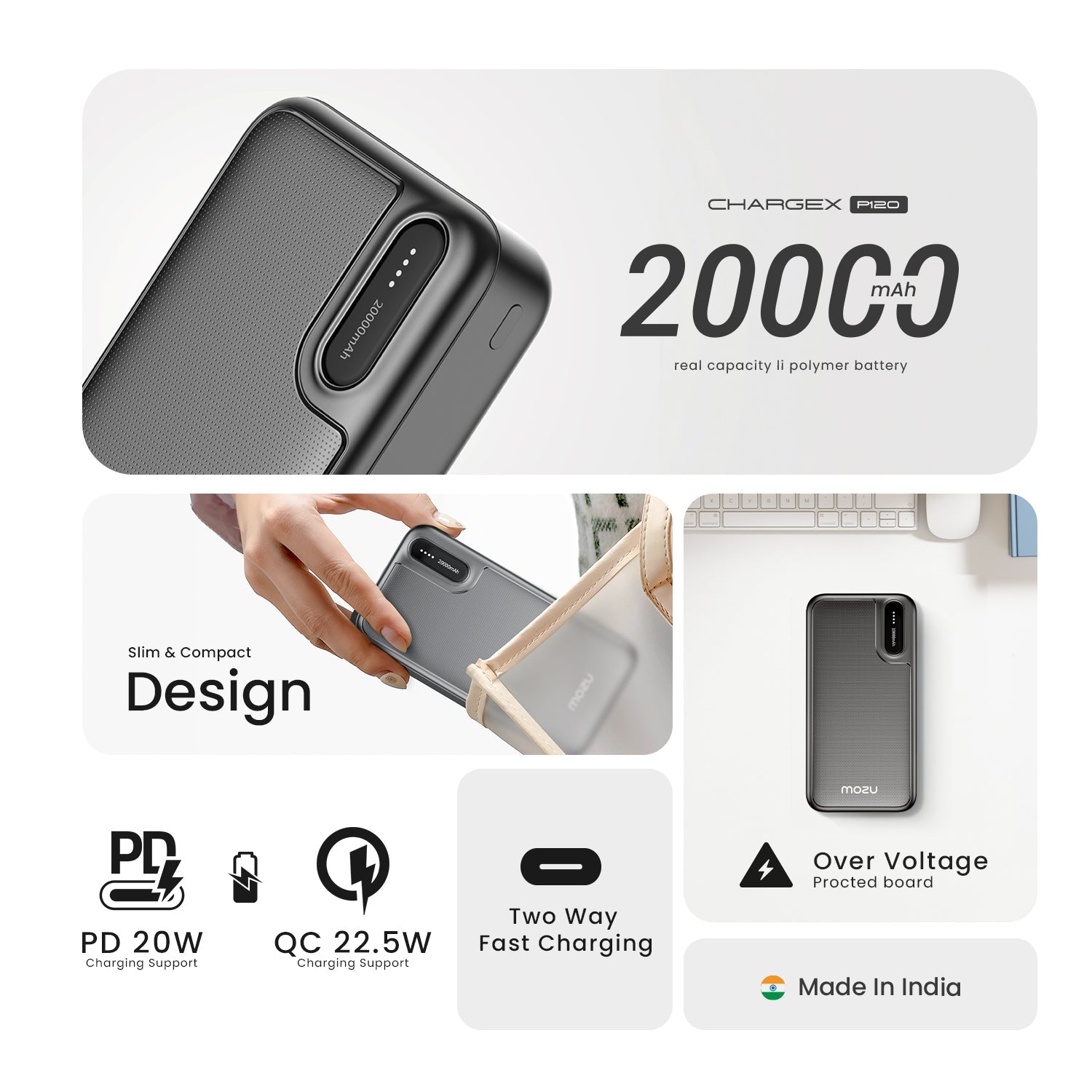 Mozu Chargex P120 20000 mAh 22.5W Fast Charging Powerbank |PD QC Support|Triple Output|Type C Fast Input Output|Compact Size - Mozu