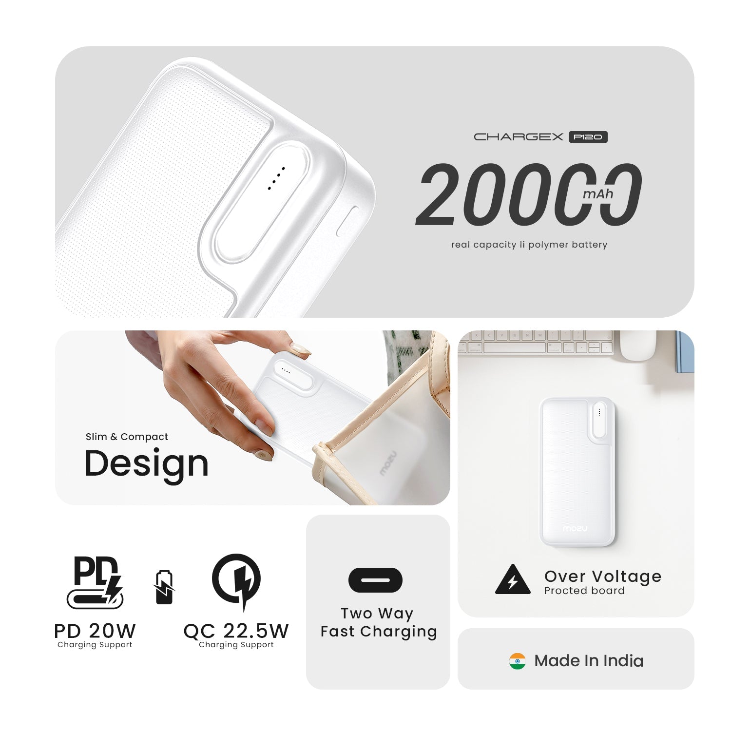Mozu Chargex P120 20000 mAh 22.5W Fast Charging Powerbank |PD QC Support|Triple Output|Type C Fast Input Output|Compact Size - Mozu