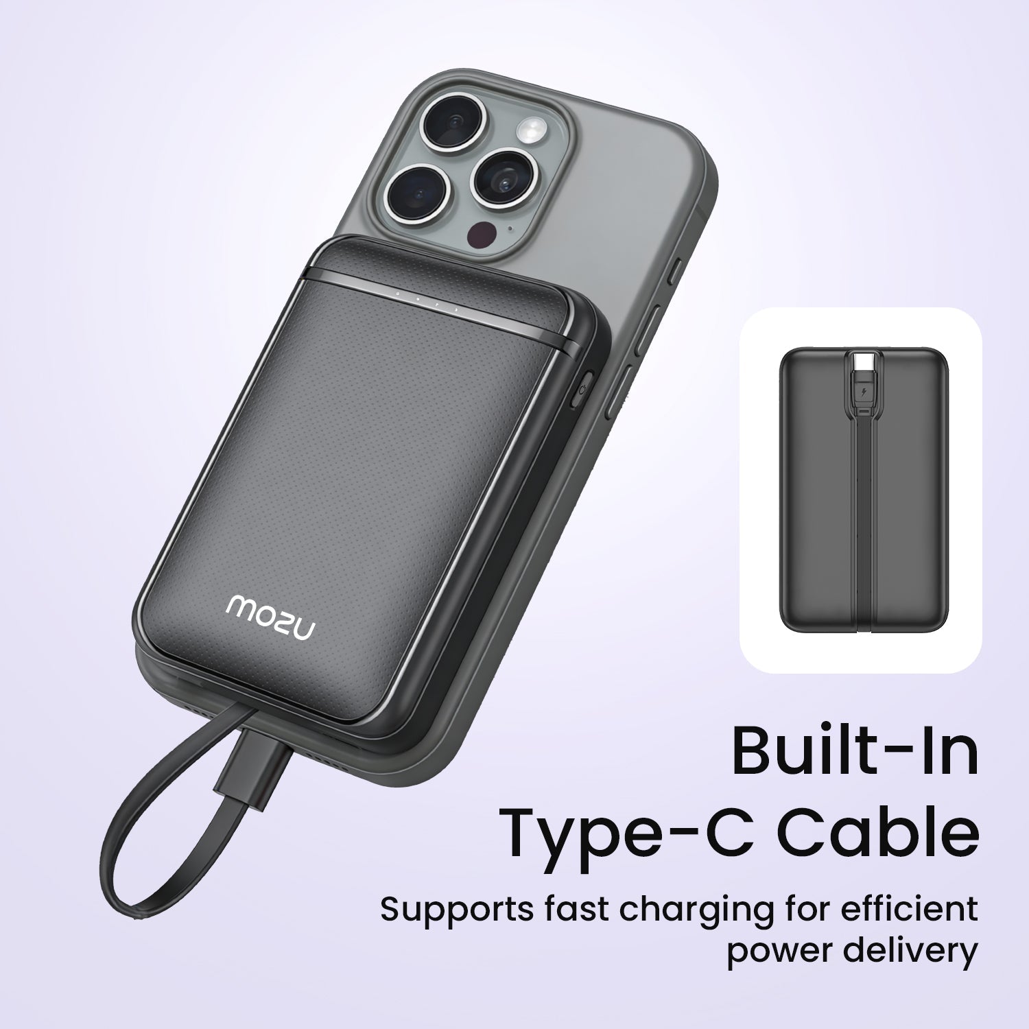 Mozu Chargex P210 10000mAh Power Bank With Built - in Type - C Cable | 22.5W Fast Charging | Triple OutPut Ports | Flight Approved 38.5WH | Smart Heat Protection | Mini - Slim & Compact 18mm Design - Mozu