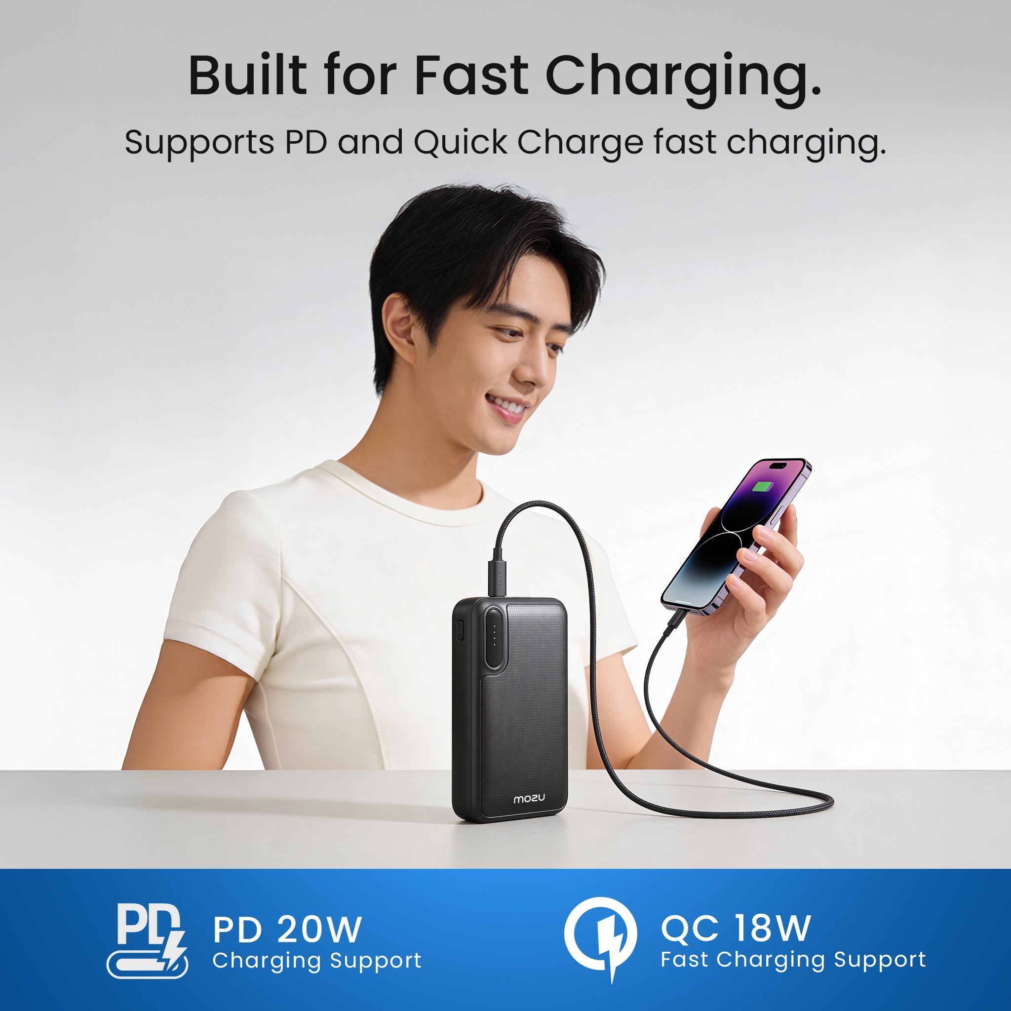 Mozu Chargex P220 20000mAh Power Bank With Built - in Type - C & 8 PIN Cables | 22.5W Fast Charging | Total Four Output | Flight - Approved 77Wh | Smart Heat Protection | Small & Compact Design - Mozu