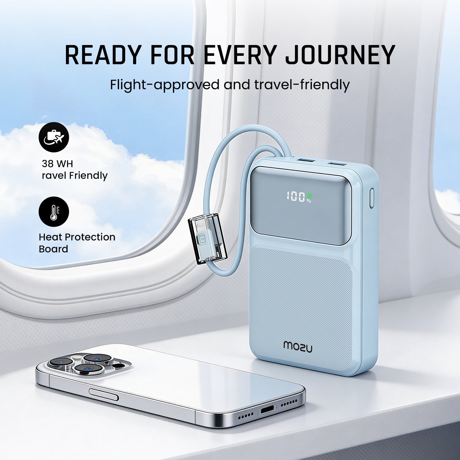 Mozu Chargex PB120 20000 mAh Compact Power Bank With Hanging in - Build Type C & 8 Pin Cable | 22.5W Fast Charging | 4 Device Charge at a Time | Flight Approved 77Wh | Digital Display - Mozu
