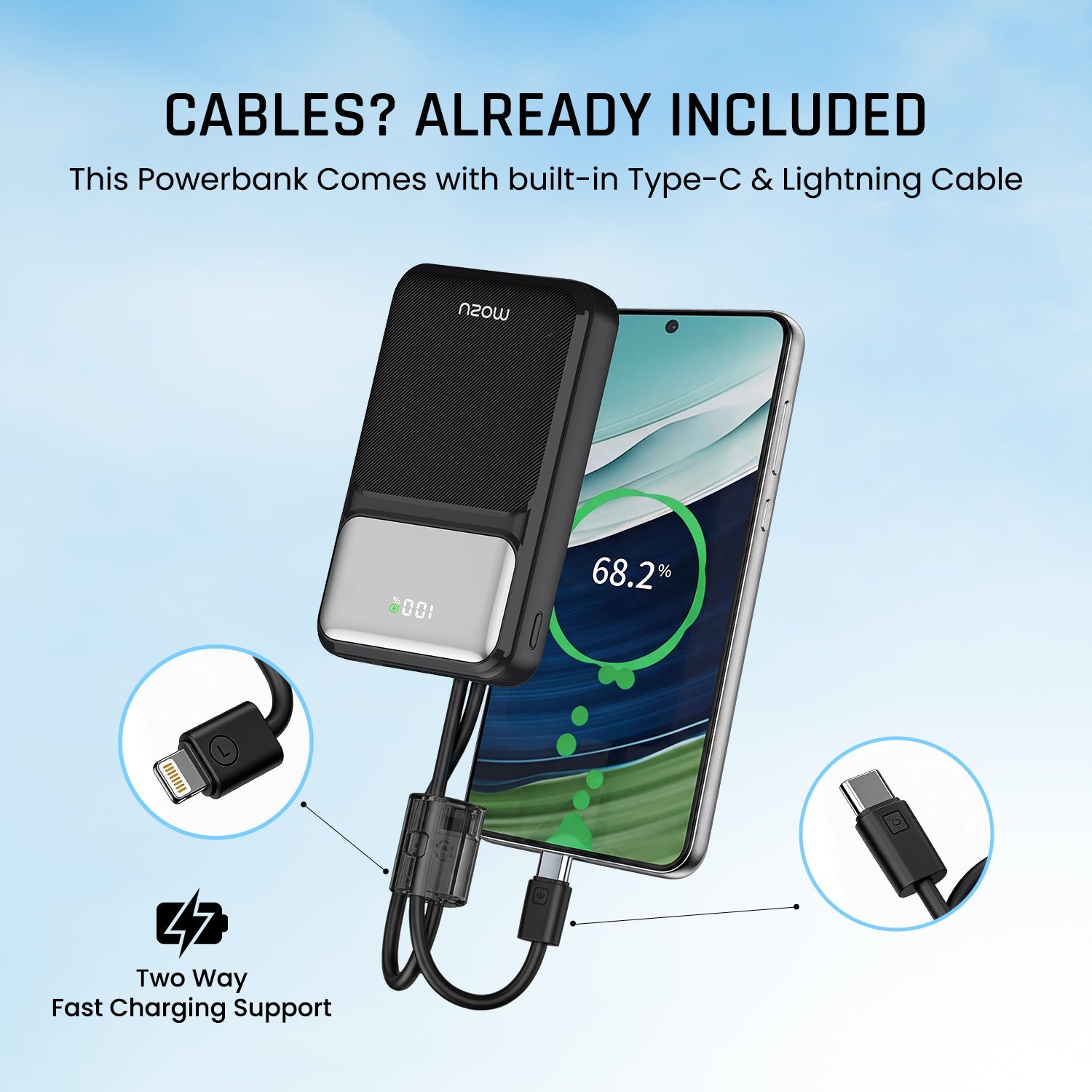 Mozu Chargex PB120 20000 mAh Compact Power Bank With Hanging in - Build Type C & 8 Pin Cable | 22.5W Fast Charging | 4 Device Charge at a Time | Flight Approved 77Wh | Digital Display - Mozu