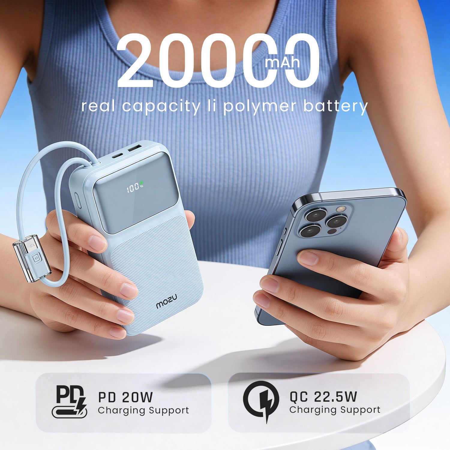 Mozu Chargex PB120 20000 mAh Compact Power Bank With Hanging in - Build Type C & 8 Pin Cable | 22.5W Fast Charging | 4 Device Charge at a Time | Flight Approved 77Wh | Digital Display - Mozu