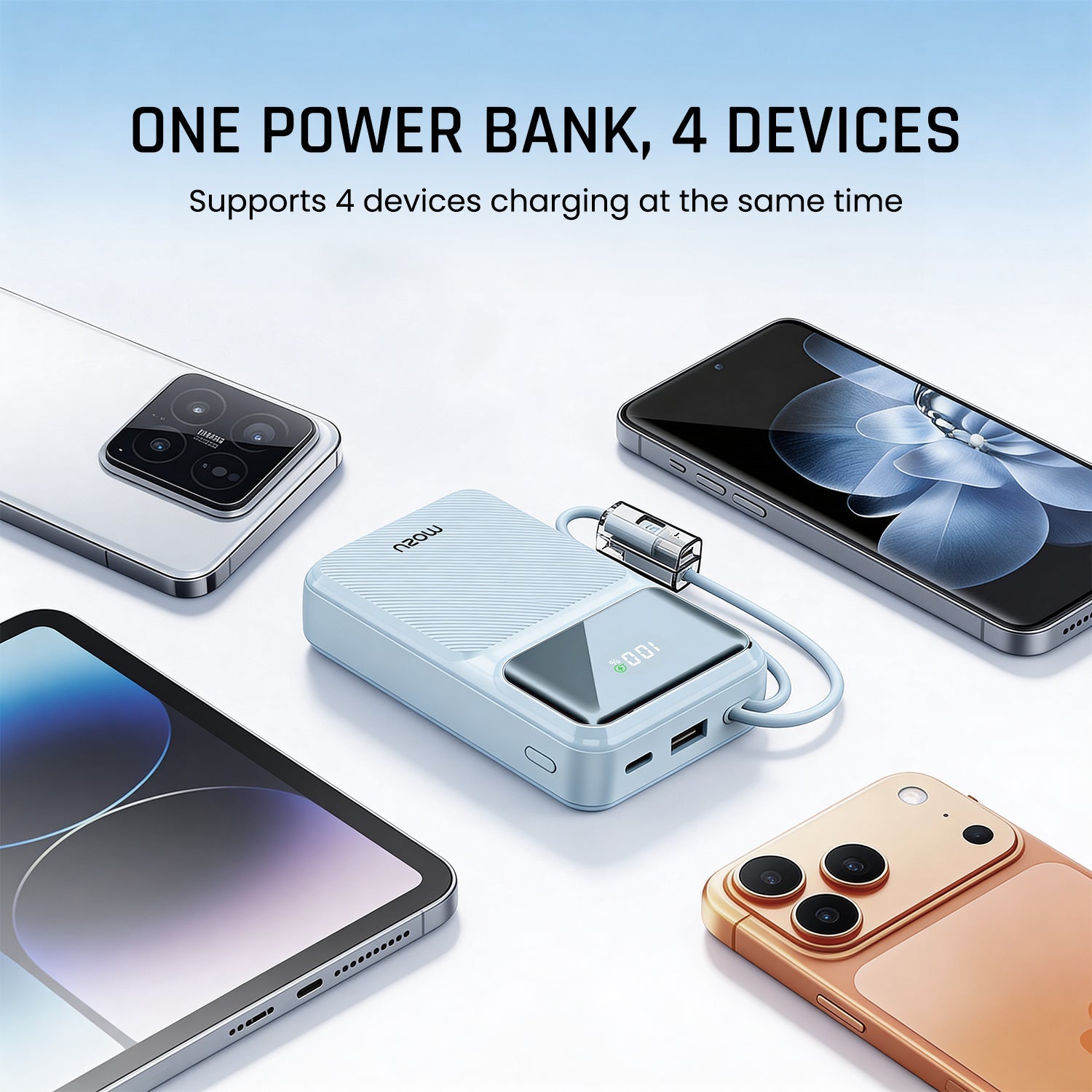 Mozu Chargex PB120 20000 mAh Compact Power Bank With Hanging in - Build Type C & 8 Pin Cable | 22.5W Fast Charging | 4 Device Charge at a Time | Flight Approved 77Wh | Digital Display - Mozu