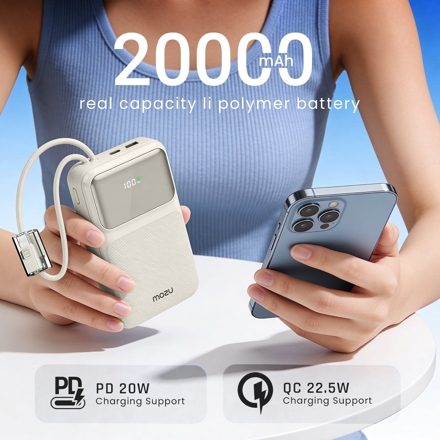 Mozu Chargex PB120 20000 mAh Compact Power Bank With Hanging in - Build Type C & 8 Pin Cable | 22.5W Fast Charging | 4 Device Charge at a Time | Flight Approved 77Wh | Digital Display - Mozu