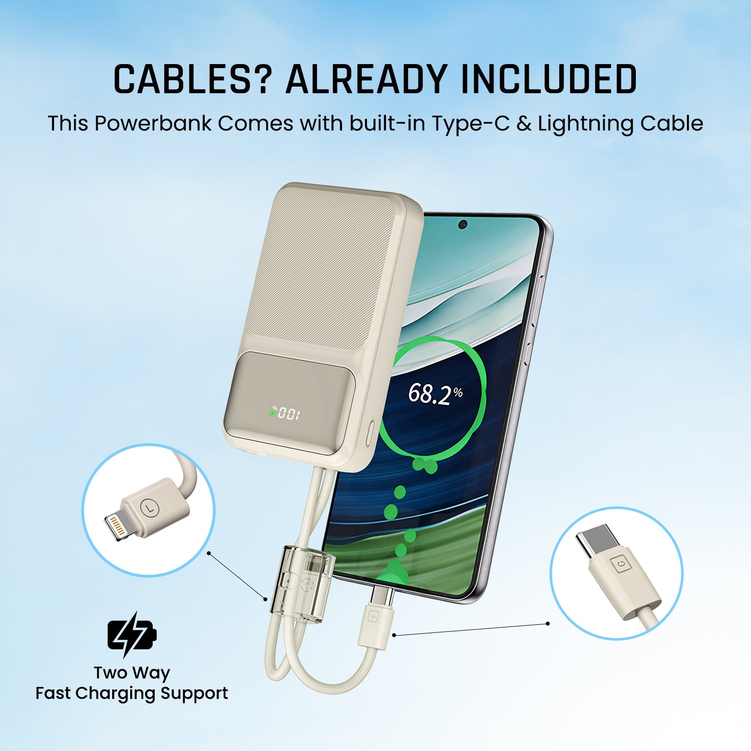 Mozu Chargex PB120 20000 mAh Compact Power Bank With Hanging in - Build Type C & 8 Pin Cable | 22.5W Fast Charging | 4 Device Charge at a Time | Flight Approved 77Wh | Digital Display - Mozu