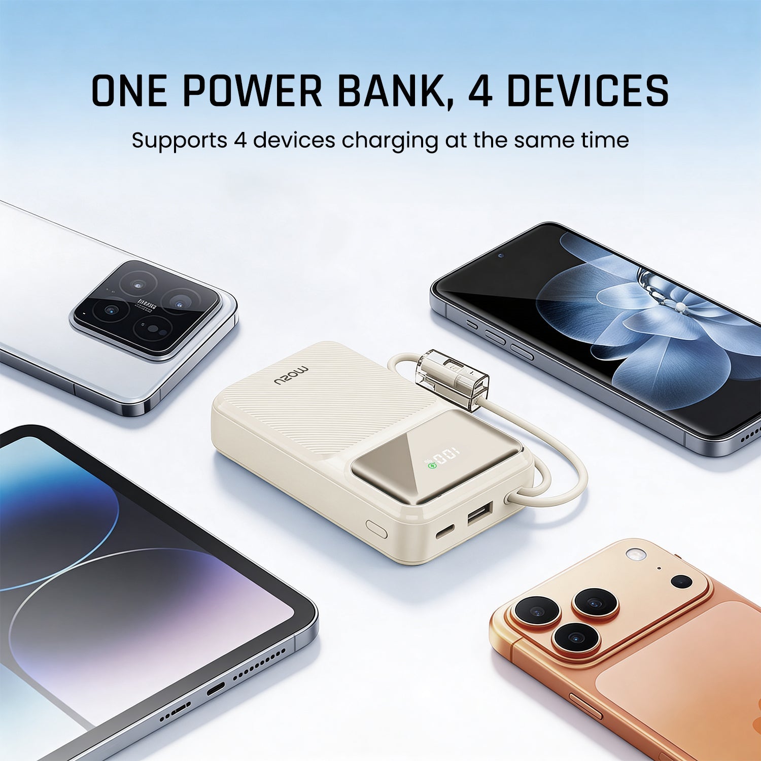 Mozu Chargex PB120 20000 mAh Compact Power Bank With Hanging in - Build Type C & 8 Pin Cable | 22.5W Fast Charging | 4 Device Charge at a Time | Flight Approved 77Wh | Digital Display - Mozu