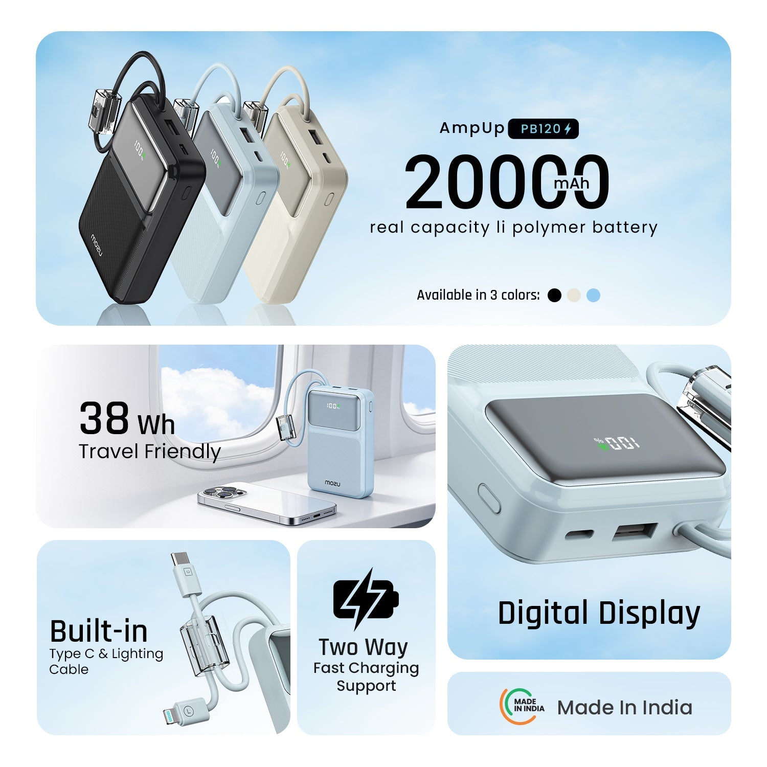 Mozu Chargex PB120 20000 mAh Compact Power Bank With Hanging in - Build Type C & 8 Pin Cable | 22.5W Fast Charging | 4 Device Charge at a Time | Flight Approved 77Wh | Digital Display - Mozu