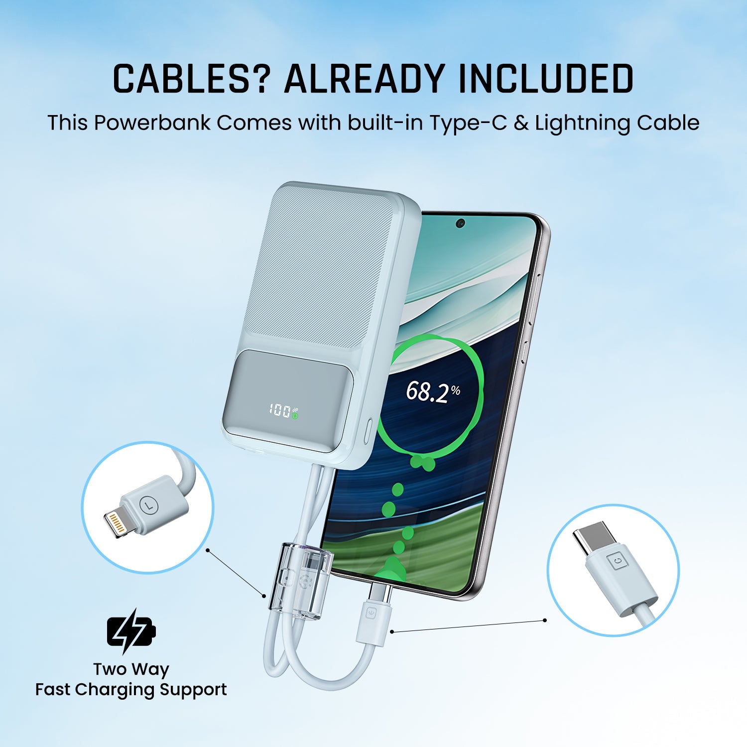 Mozu Chargex PB120 20000 mAh Compact Power Bank With Hanging in - Build Type C & 8 Pin Cable | 22.5W Fast Charging | 4 Device Charge at a Time | Flight Approved 77Wh | Digital Display - Mozu