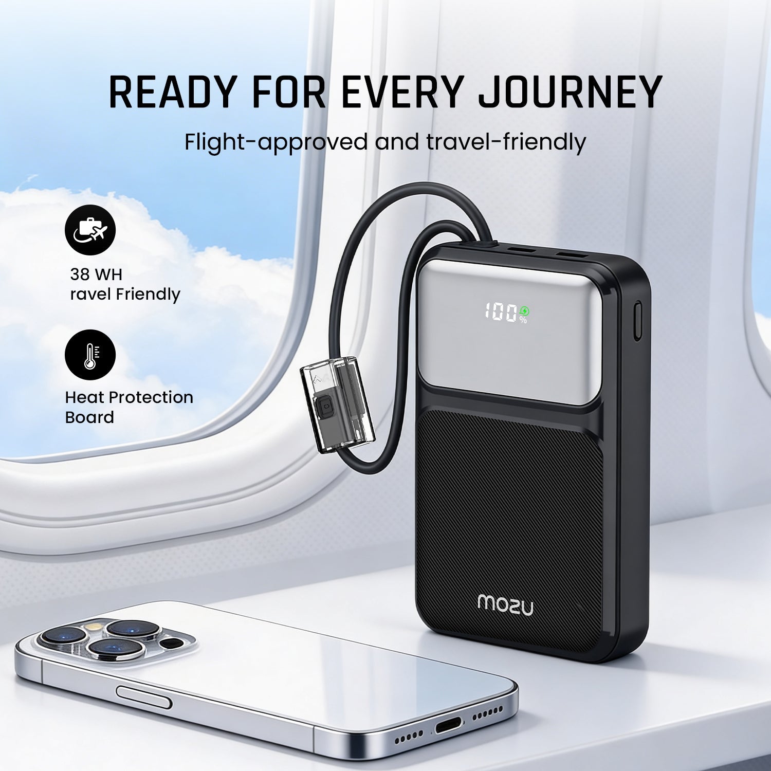 Mozu Chargex PB120 20000 mAh Compact Power Bank With Hanging in - Build Type C & 8 Pin Cable | 22.5W Fast Charging | 4 Device Charge at a Time | Flight Approved 77Wh | Digital Display - Mozu