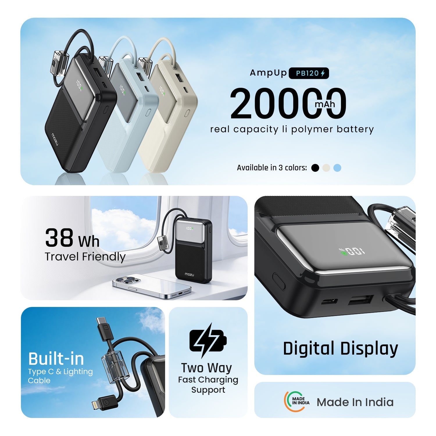 Mozu Chargex PB120 20000 mAh Compact Power Bank With Hanging in - Build Type C & 8 Pin Cable | 22.5W Fast Charging | 4 Device Charge at a Time | Flight Approved 77Wh | Digital Display - Mozu