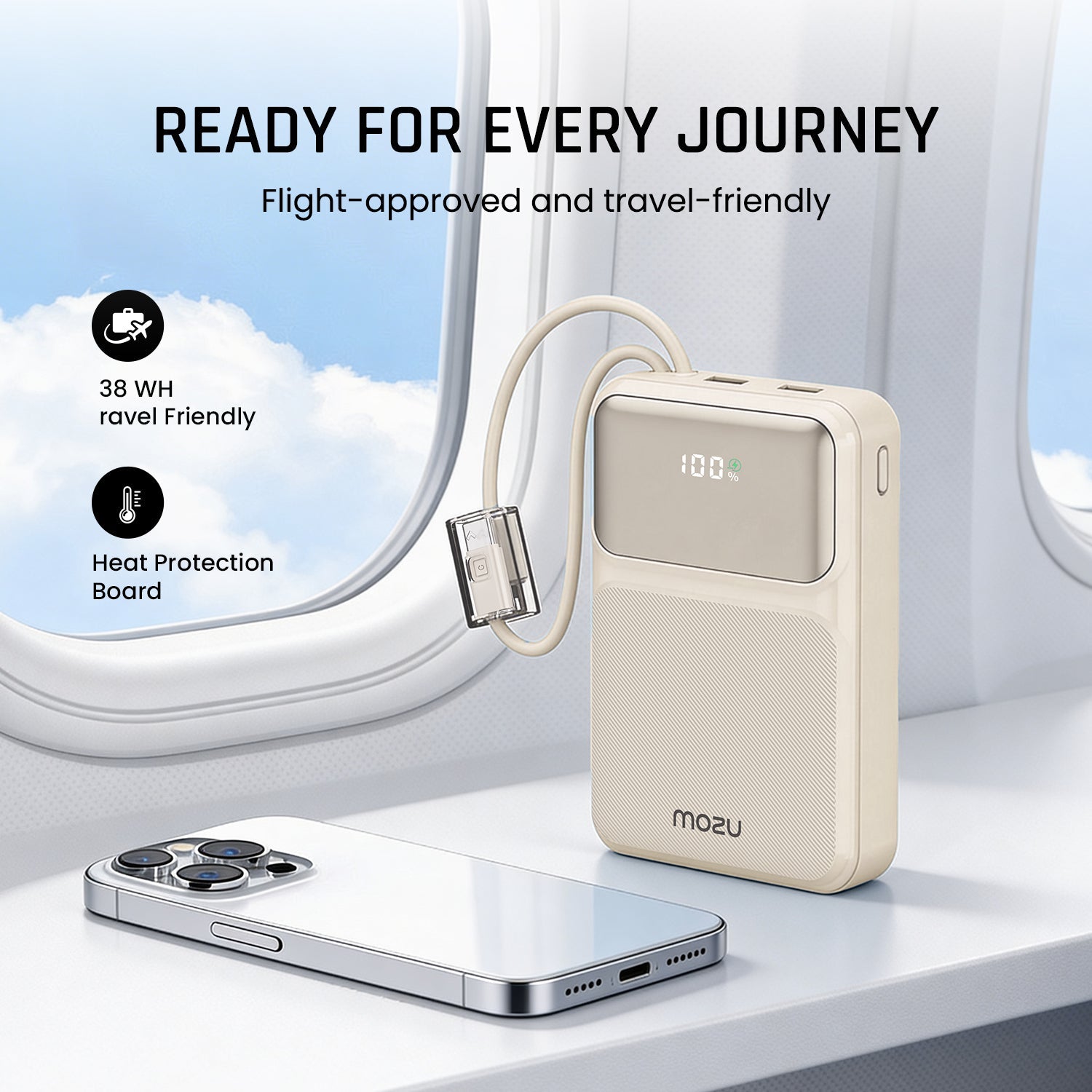 Mozu Chargex PB120 20000 mAh Compact Power Bank With Hanging in - Build Type C & 8 Pin Cable | 22.5W Fast Charging | 4 Device Charge at a Time | Flight Approved 77Wh | Digital Display - Mozu