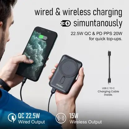 Mozu SnapX - W50 Strong Magnetic 10000mAh Power Bank with Stand Holder | 15W Wireless & 22.5W Wired Fast Charging | Travel Friendly & Flight Approved - Mozu