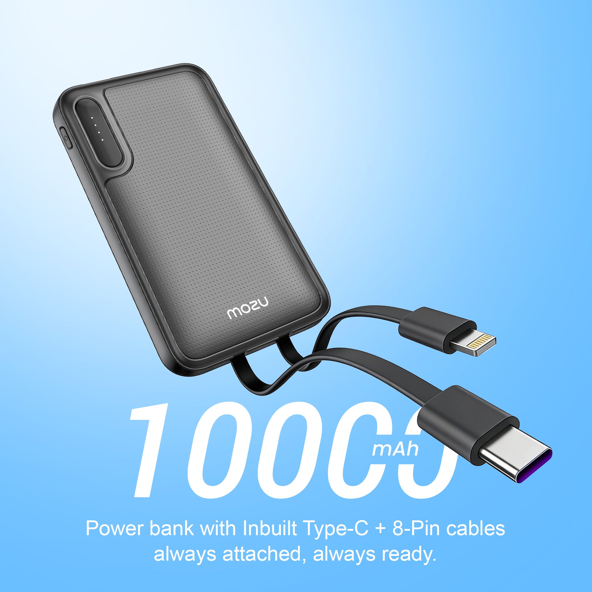 Mozu Chargex P220 10000mAh Power Bank With Built-in Type-C & 8 PIN Cables | 22.5W Fast Charging | Total Four Output | Flight-Approved 38.5 Wh | Smart Heat Protection | Mini-Slim & Compact 18mm Design