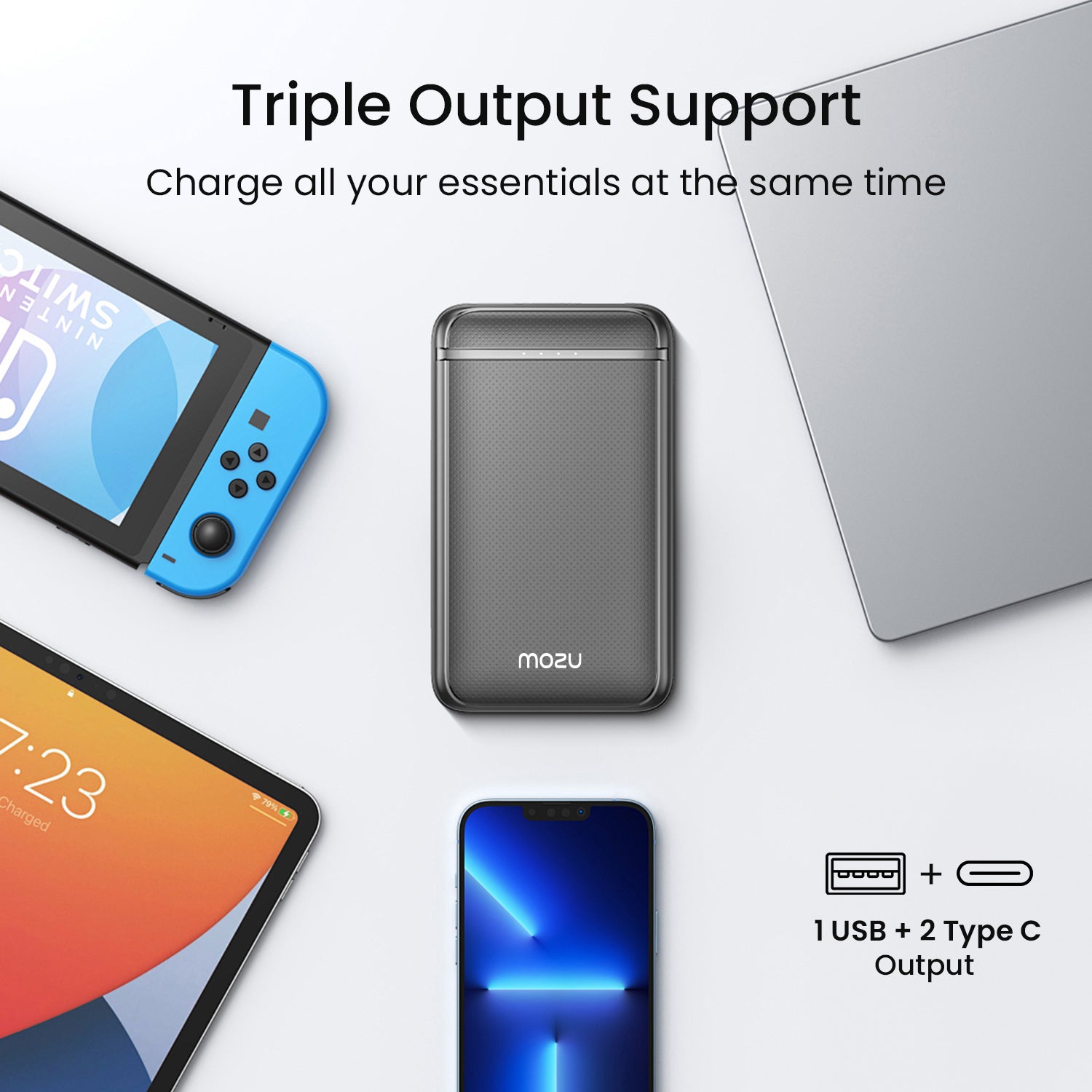 Mozu Chargex P210 10000mAh Power Bank With Built-in Type-C Cable | 22.5W Fast Charging | Triple OutPut Ports | Flight Approved 38.5WH | Smart Heat Protection | Mini-Slim & Compact 18mm Design