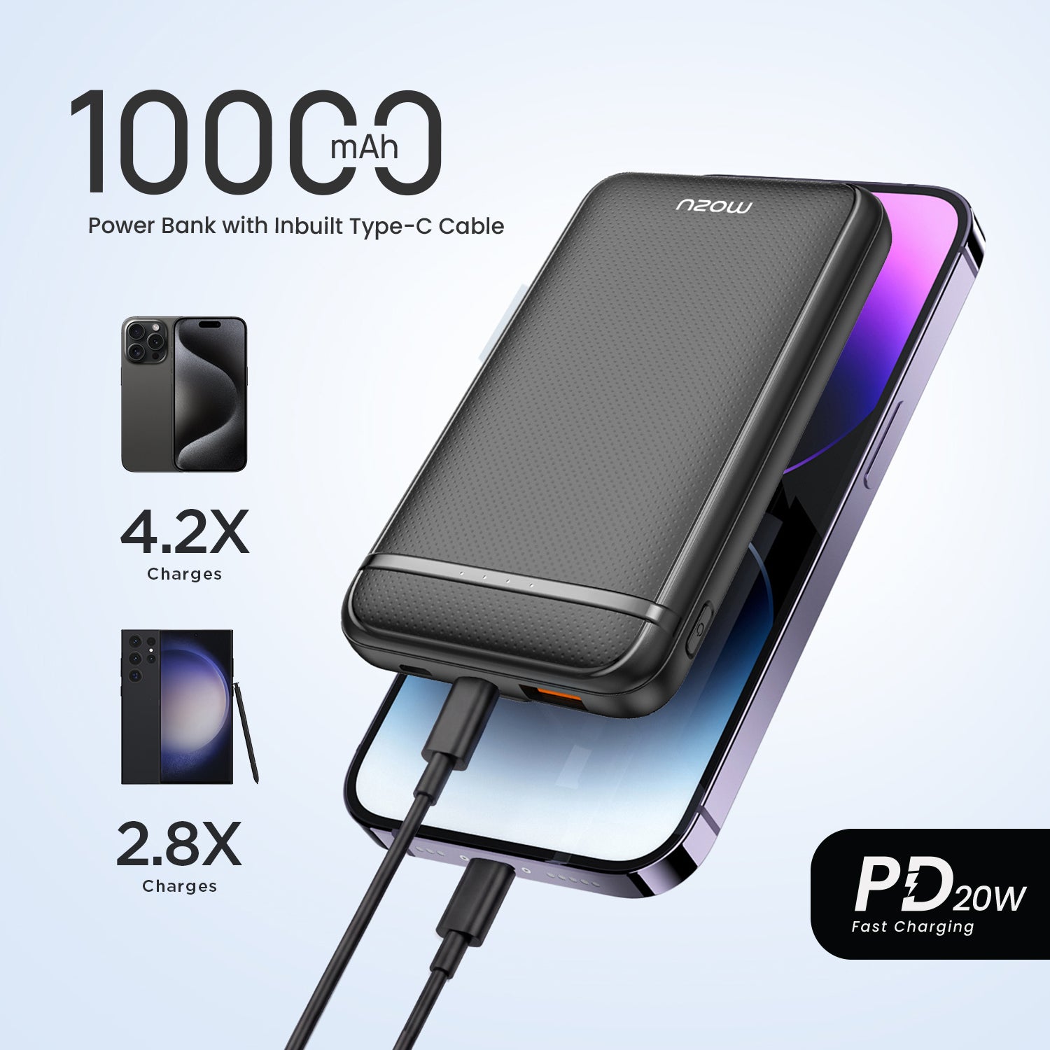 Mozu Chargex P210 10000mAh Power Bank With Built-in Type-C Cable | 22.5W Fast Charging | Triple OutPut Ports | Flight Approved 38.5WH | Smart Heat Protection | Mini-Slim & Compact 18mm Design