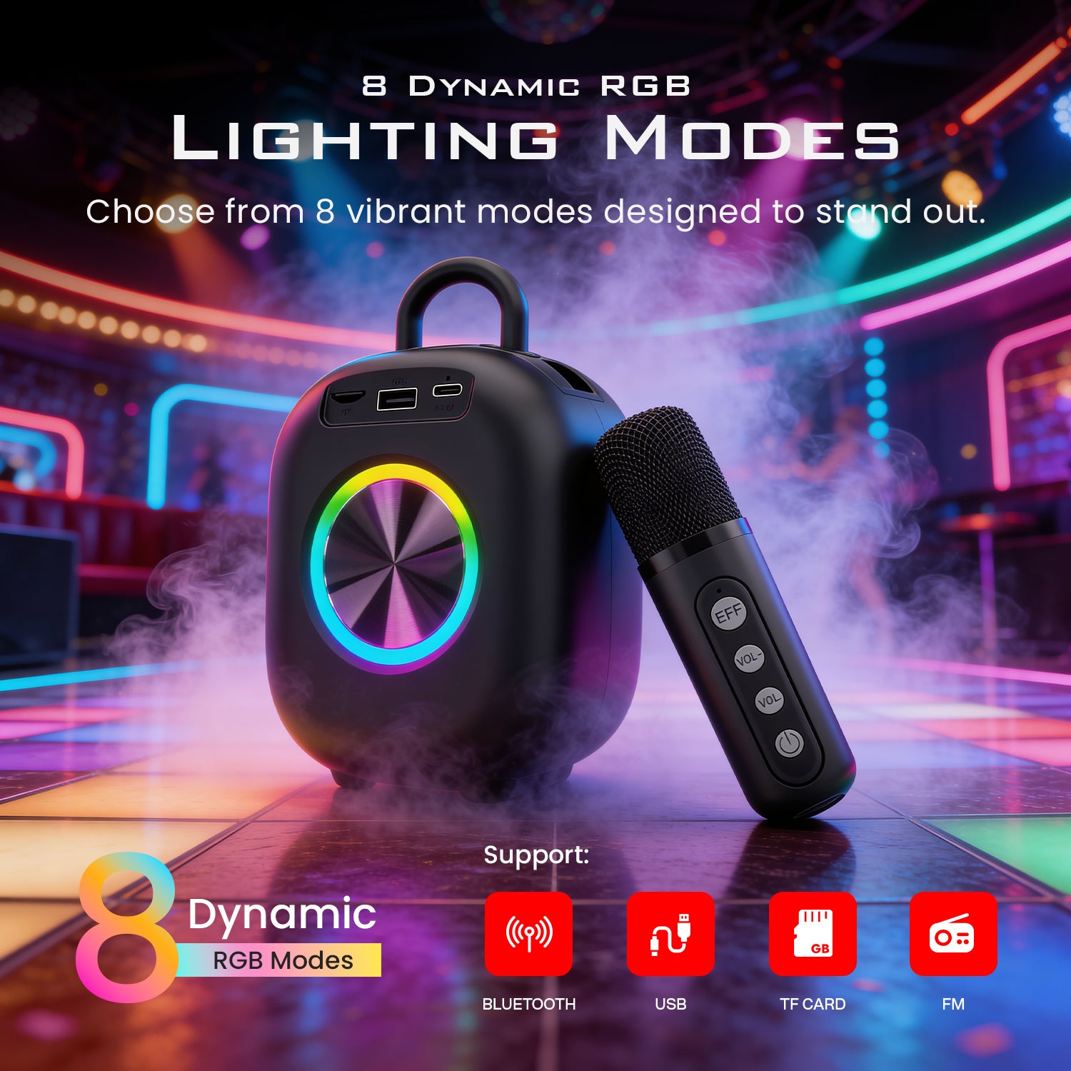 Mozu Bassmore X10 15W  Bluetooth Speaker with Karaoke Wireless Voice Changer Mic | 8H Playtime | 8 Dynamic RGB Lighting Modes | Type-C Fast Charging | USB / TF Card / FM Support | Carry Handle Mobile Dock