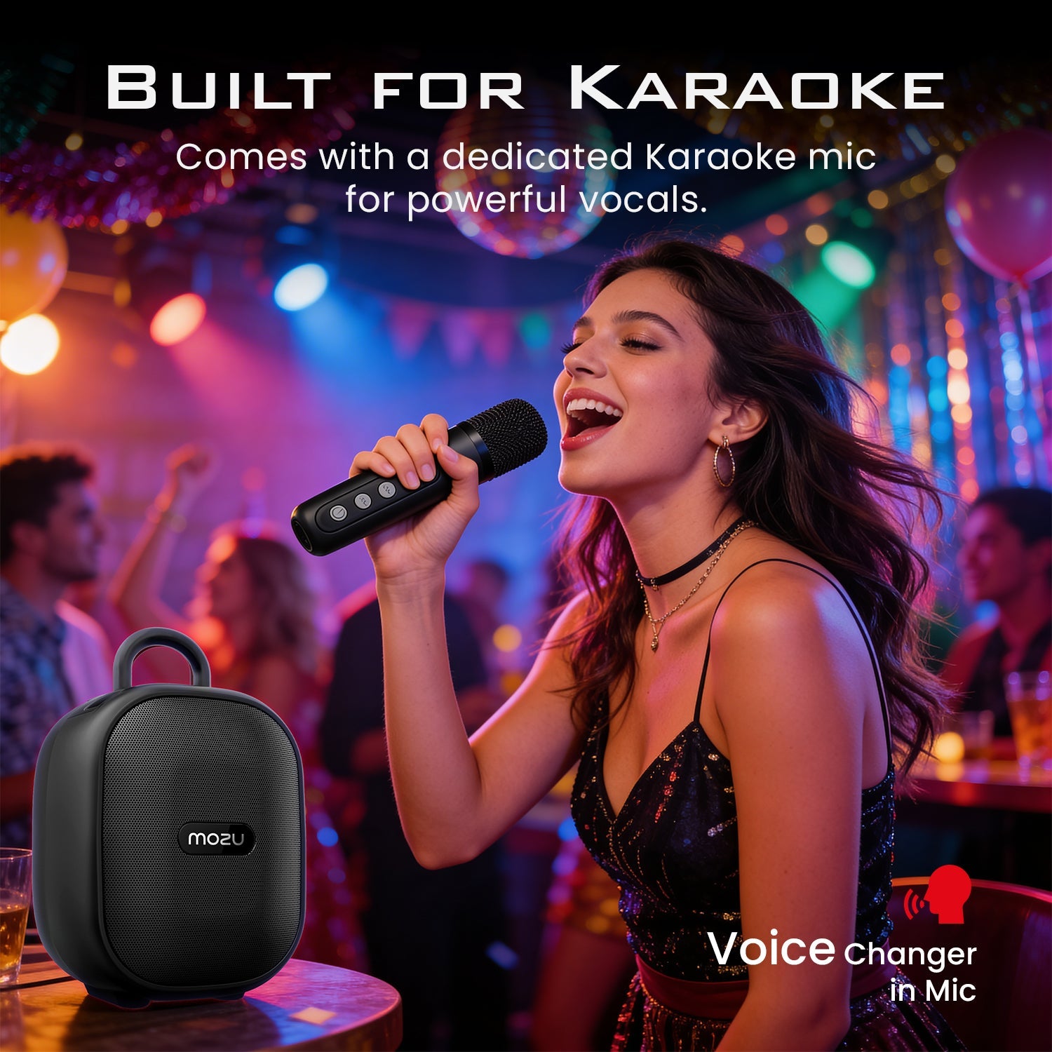 Mozu Bassmore X10 15W Bluetooth Speaker with Karaoke Wireless Voice Changer Mic | 8H Playtime | 8 Dynamic RGB Lighting Modes | Type - C Fast Charging | USB / TF Card / FM Support | Carry Handle Mobile Dock - Mozu
