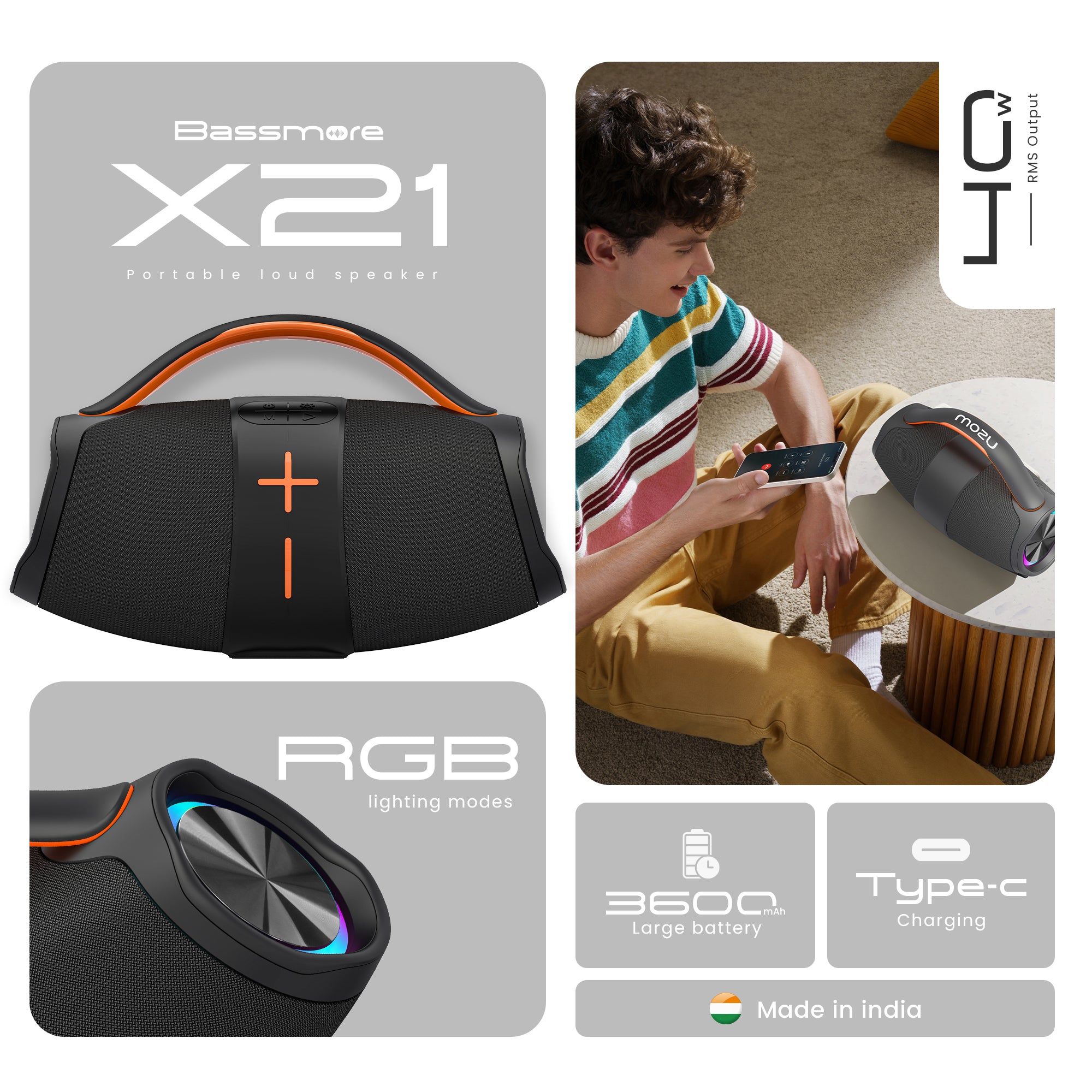 Mozu Bassmore X21 Portable Speaker With RGB LED|Aux FM TF USB|6 Hrs Playtime, 40 W Bluetooth Party Speaker - Mozu