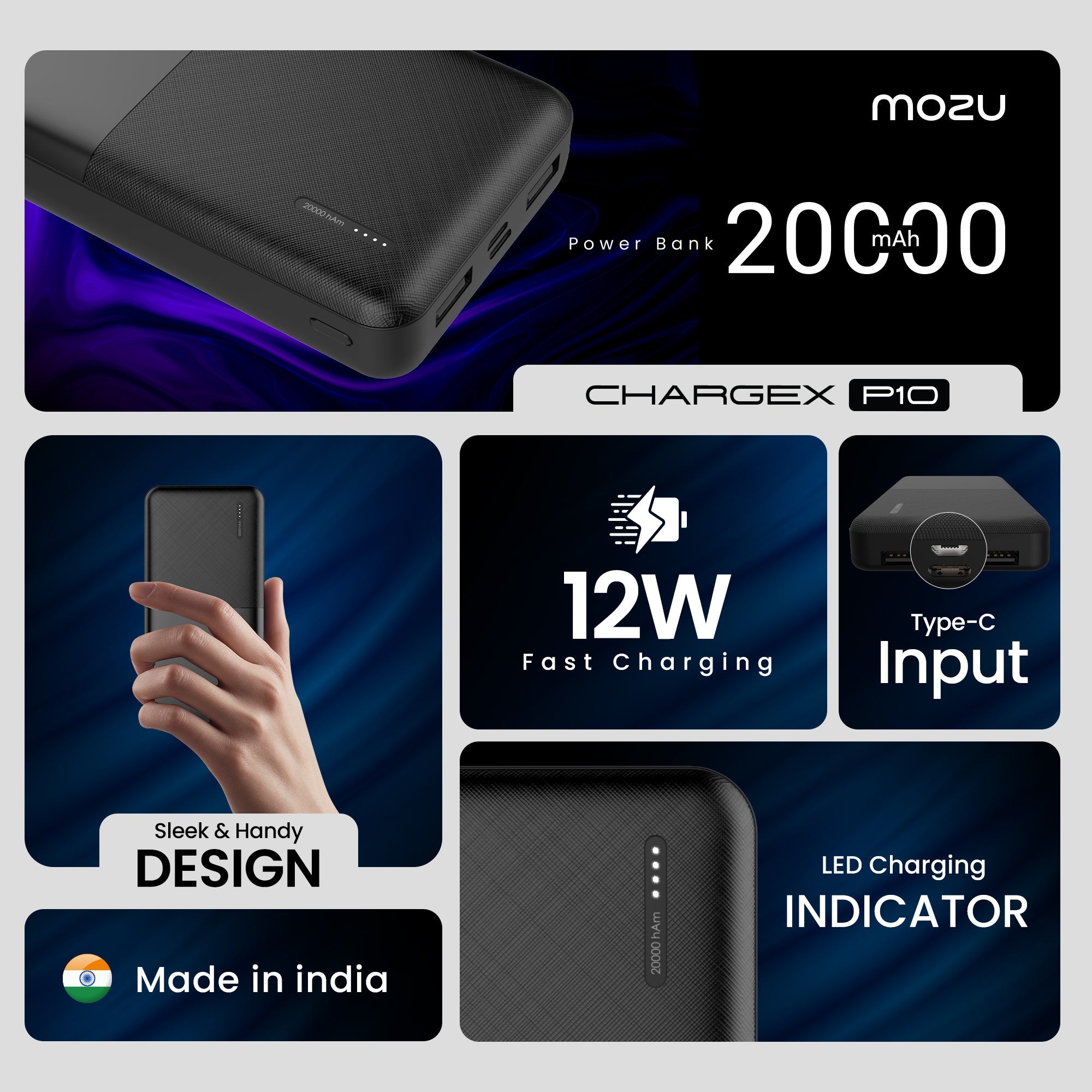 Mozu Chargex 20000 mAh 12W Charging Power Bank| Dual USB Output | Type C & Micro USB Input |Built in Protections | USB - A to Type - C Cable Included| Led Display | Made in India - Mozu