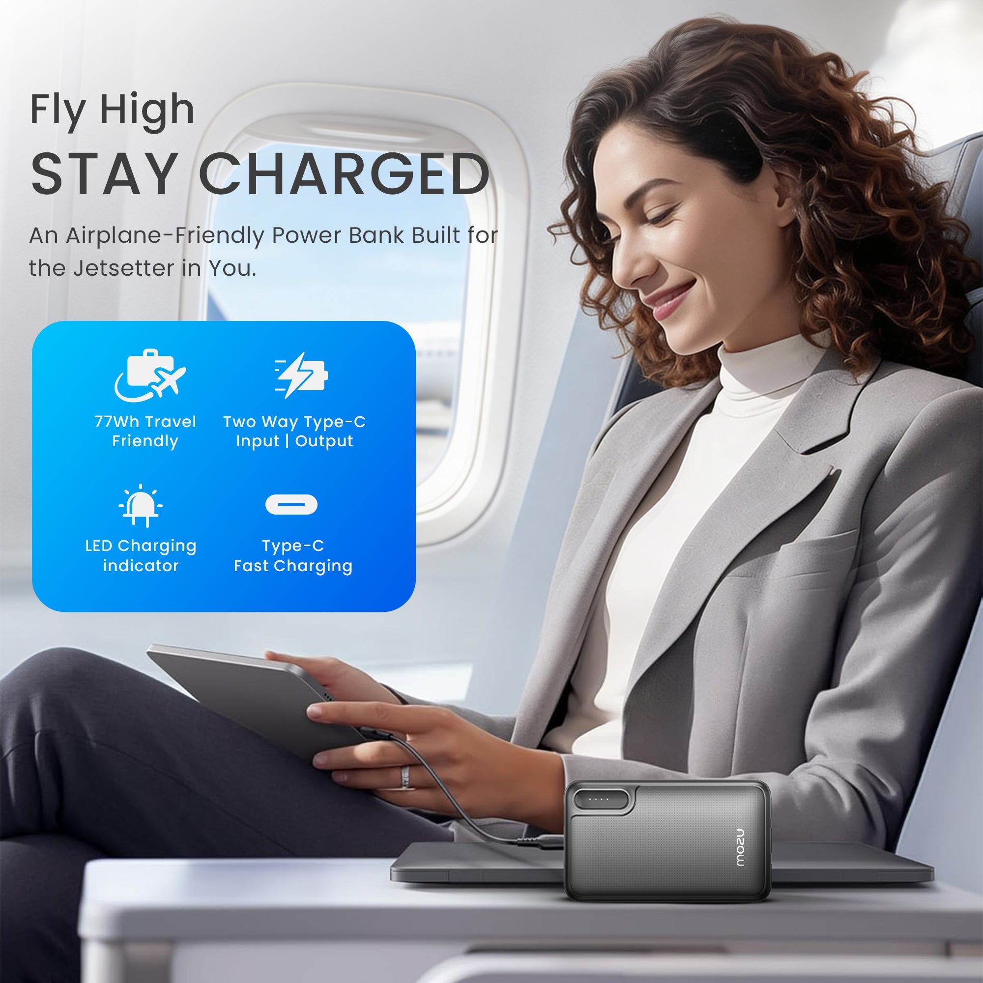 Mozu Chargex P220 20000mAh Power Bank With Built - in Type - C & 8 PIN Cables | 22.5W Fast Charging | Total Four Output | Flight - Approved 77Wh | Smart Heat Protection | Small & Compact Design - Mozu