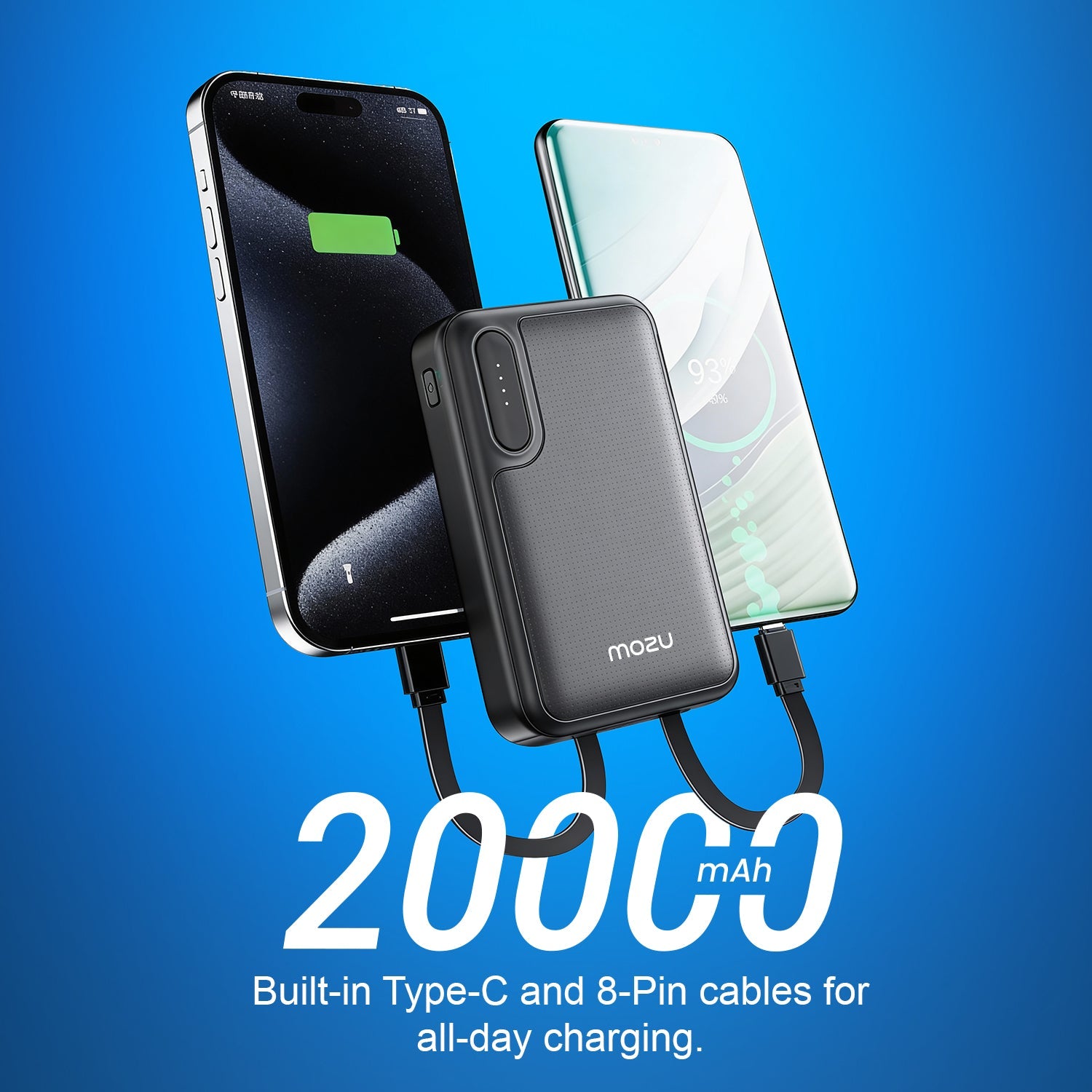 Mozu Chargex P220 20000mAh Power Bank With Built - in Type - C & 8 PIN Cables | 22.5W Fast Charging | Total Four Output | Flight - Approved 77Wh | Smart Heat Protection | Small & Compact Design - Mozu