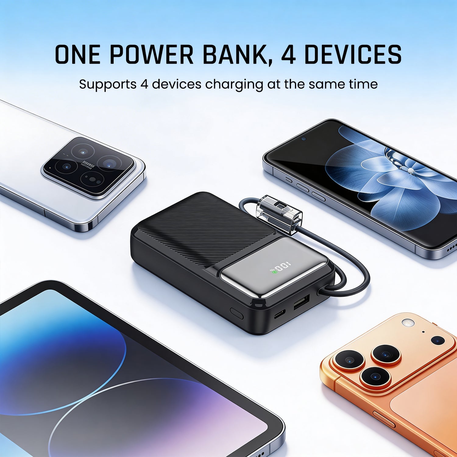 Mozu Chargex PB120 20000 mAh Compact Power Bank With Hanging in - Build Type C & 8 Pin Cable | 22.5W Fast Charging | 4 Device Charge at a Time | Flight Approved 77Wh | Digital Display - Mozu