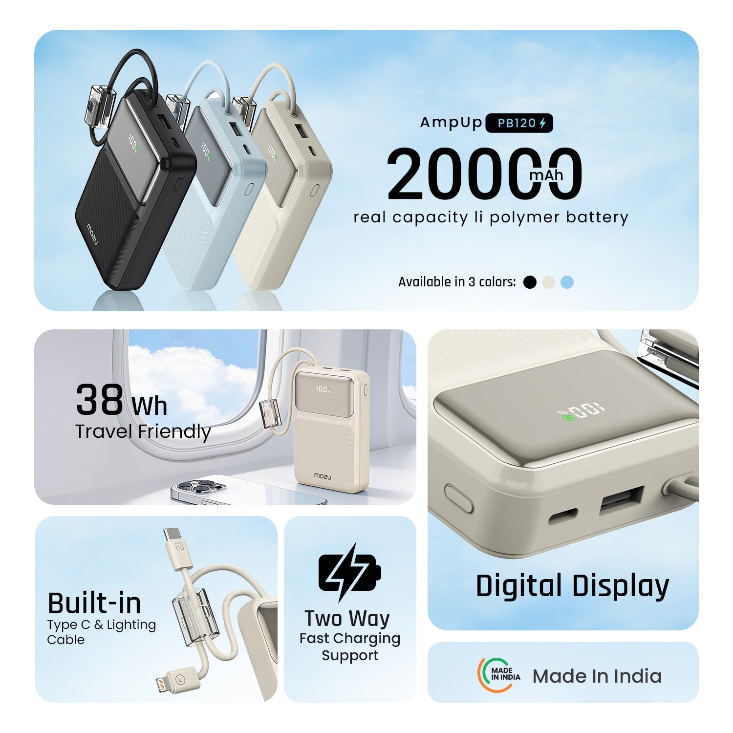 Mozu Chargex PB120 20000 mAh Compact Power Bank With Hanging in - Build Type C & 8 Pin Cable | 22.5W Fast Charging | 4 Device Charge at a Time | Flight Approved 77Wh | Digital Display - Mozu