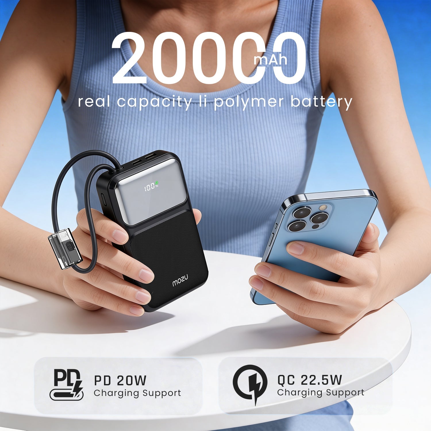 Mozu Chargex PB120 20000 mAh Compact Power Bank With Hanging in - Build Type C & 8 Pin Cable | 22.5W Fast Charging | 4 Device Charge at a Time | Flight Approved 77Wh | Digital Display - Mozu