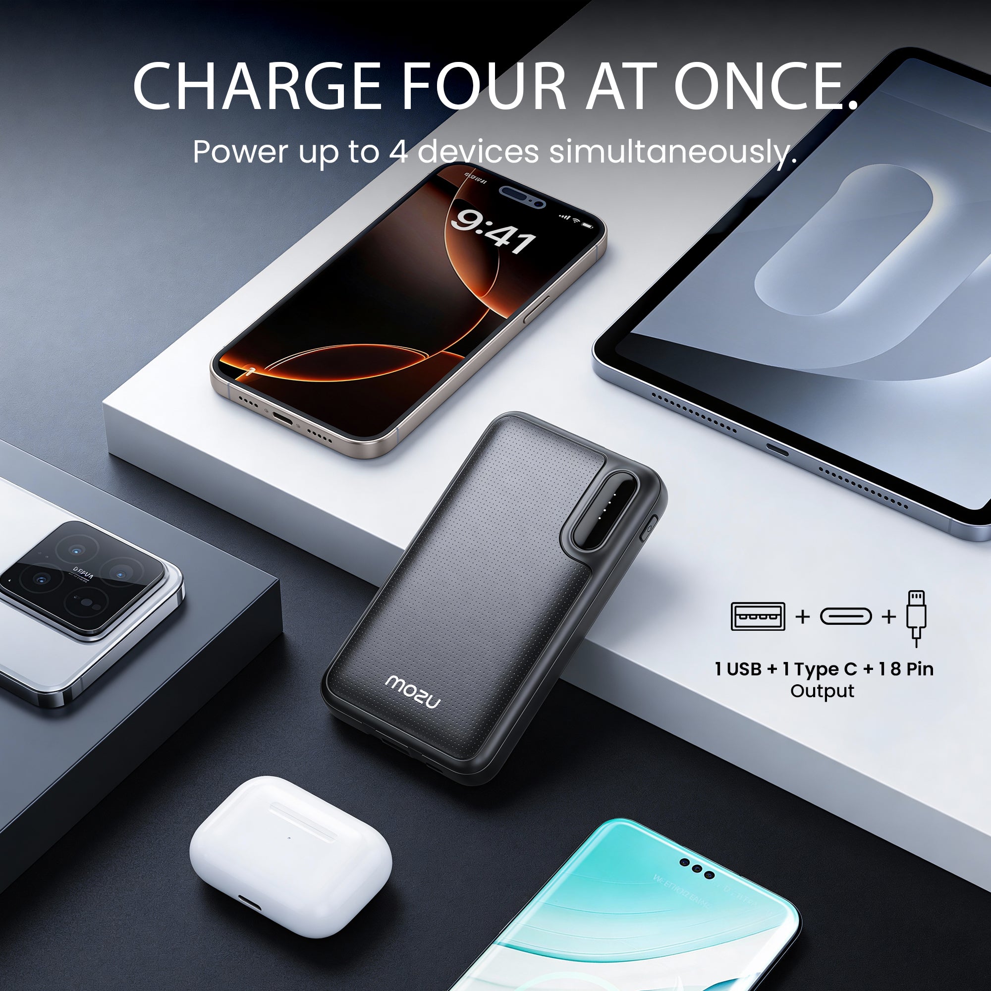 Mozu Chargex P220 10000mAh Power Bank With Built-in Type-C & 8 PIN Cables | 22.5W Fast Charging | Total Four Output | Flight-Approved 38.5 Wh |  Smart Heat Protection |  Mini-Slim & Compact 18mm Design