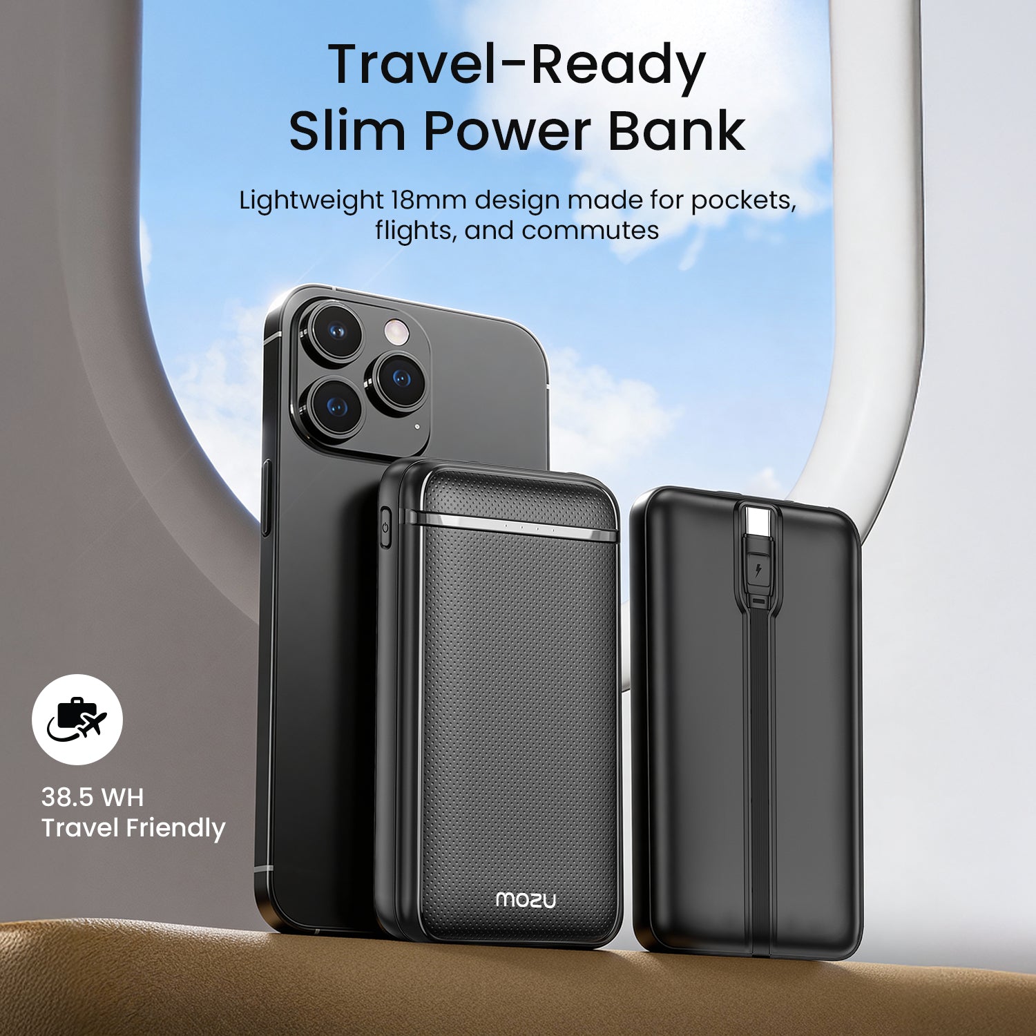 Mozu Chargex P210 10000mAh Power Bank With Built-in Type-C Cable | 22.5W Fast Charging | Triple OutPut Ports | Flight Approved 38.5WH | Smart Heat Protection | Mini-Slim & Compact 18mm Design